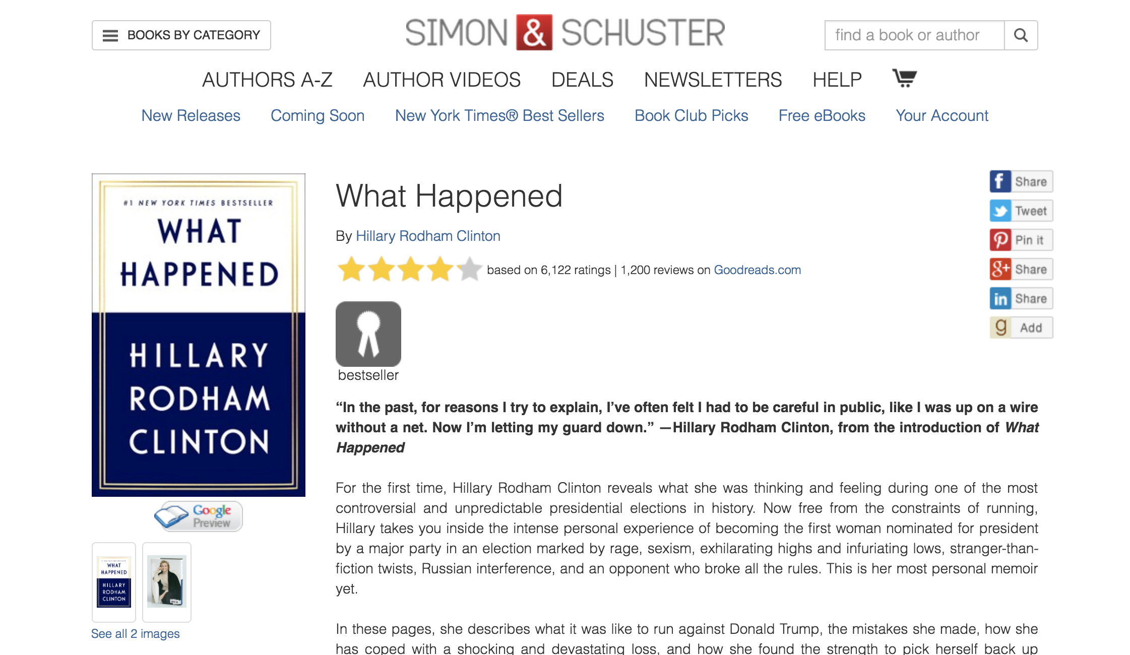 ヒラリー・クリントン『What Happened』（Simon & Schusterのサイトより／スクリーンショット）